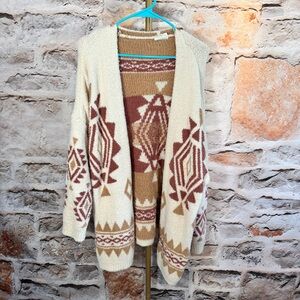 BiBi - Aztec Pattern Comfy Open Long Sweater Cardigan - Cream, Rust, Gold - XL